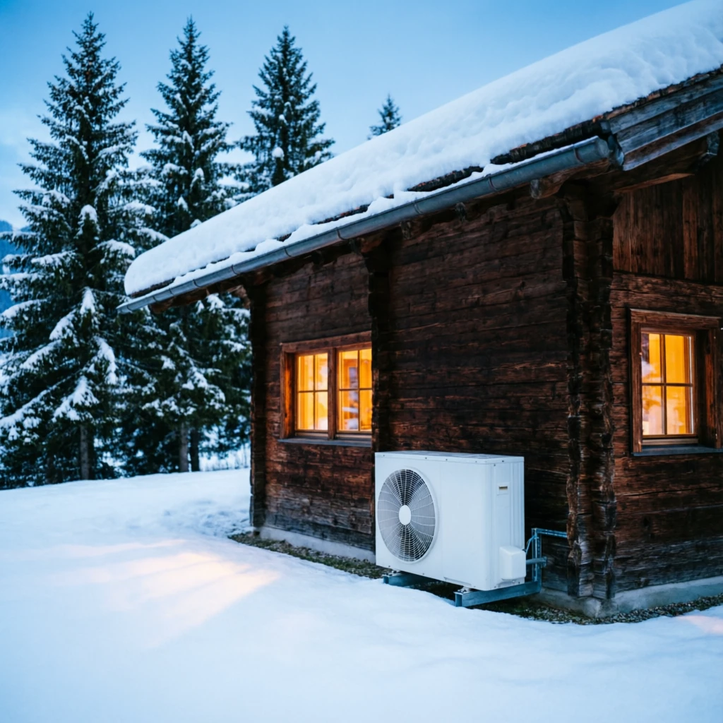 Wärmepumpe am Tiroler Haus im Winter